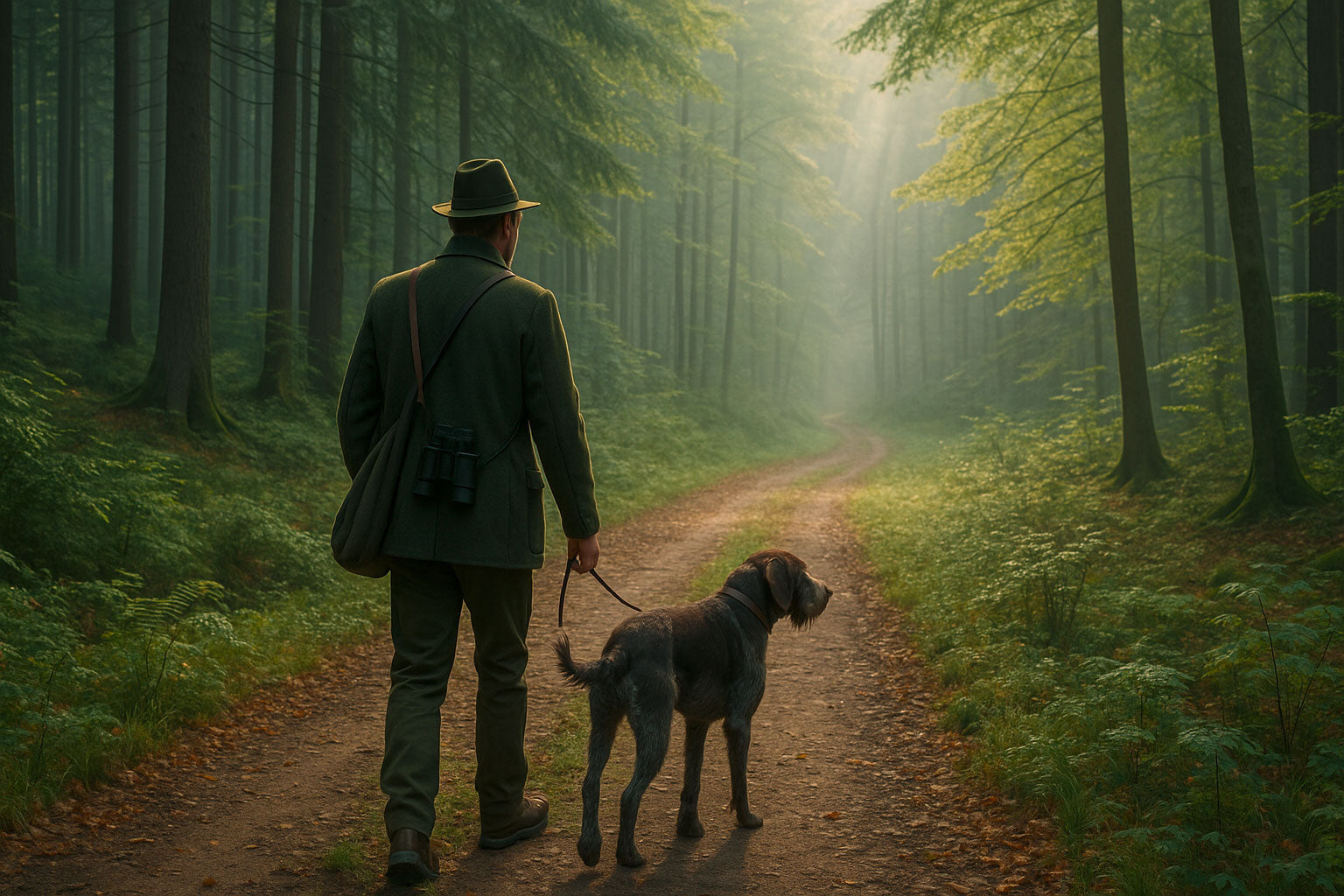 Jäger mit Hut und Fernglas geht mit großem Hund an der Leine auf einem Waldweg im dichten, von Sonnenlicht durchfluteten Wald