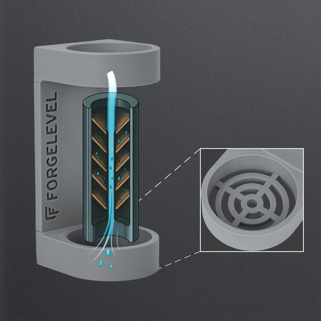 Detailansicht Schalldämpferhalters in Grau, Querschnitt eines Schalldämpfers, Korrosionschutz