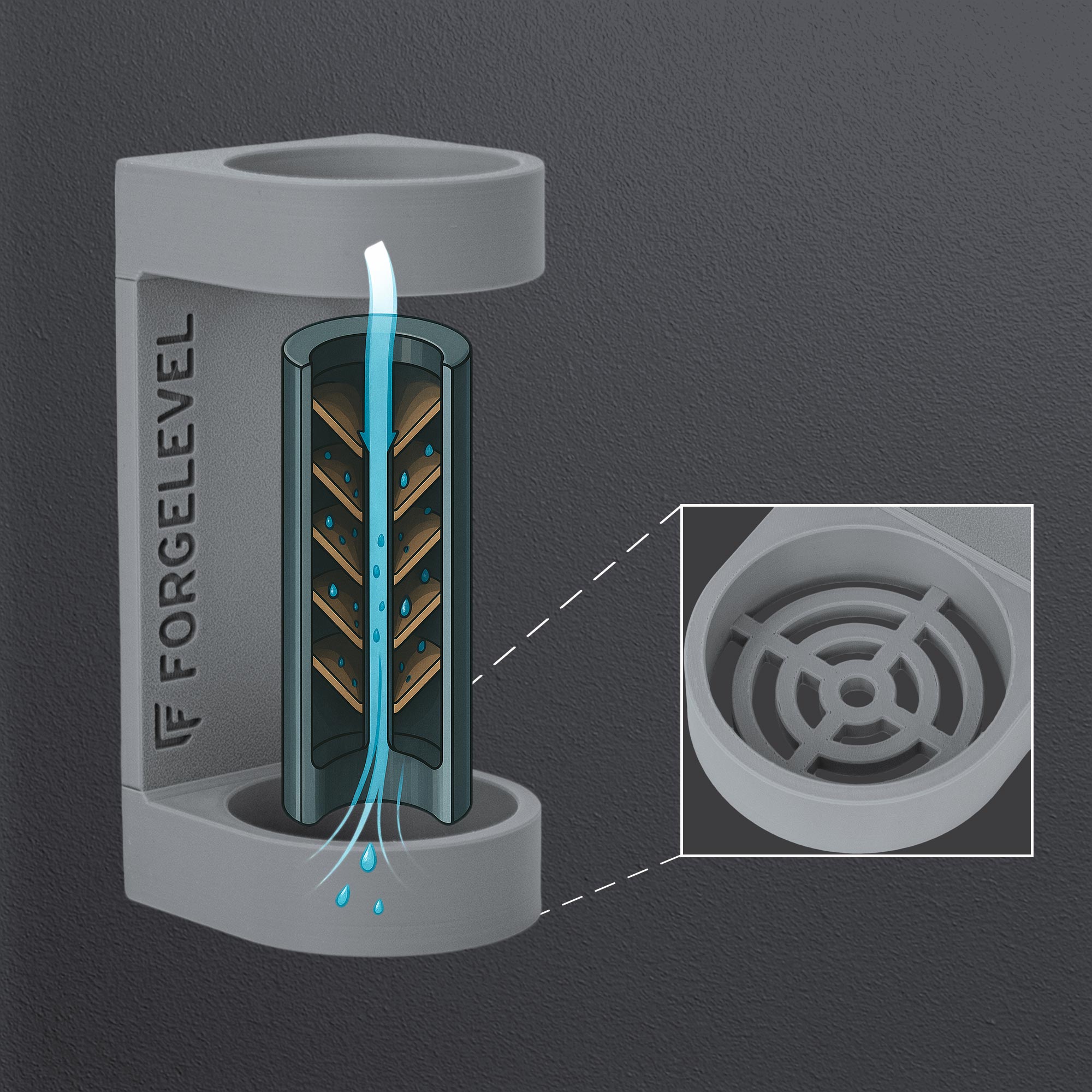 Detailansicht Schalldämpferhalters in Grau, Querschnitt eines Schalldämpfers, Korrosionschutz