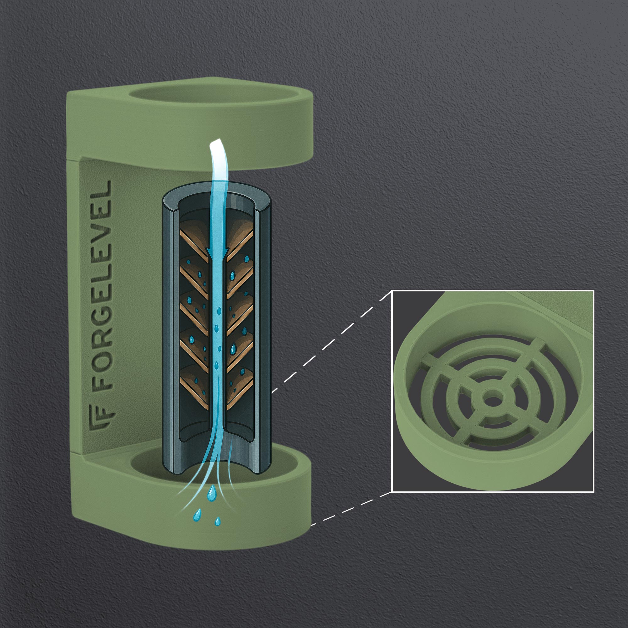 Detailansicht Schalldämpferhalters in Olive, Querschnitt eines Schalldämpfers, Korrosionschutz
