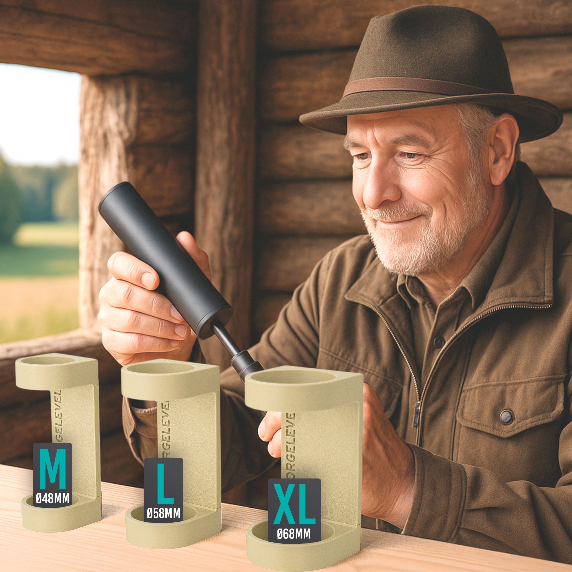 Drei desertfarbene, unterschiedlich große Schalldämpferhalter mit den Größen M, L und XL und den Maßen 48 mm, 58 mm und 68 mm nebeneinander auf einem Holztisch.