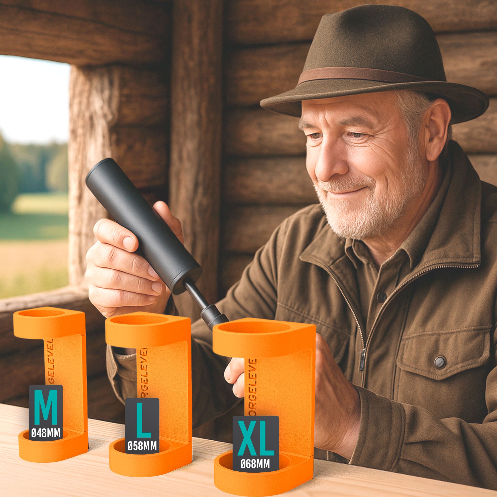 Drei orange, unterschiedlich große Schalldämpferhalter mit den Größen M, L und XL und den Maßen 48 mm, 58 mm und 68 mm nebeneinander auf einem Holztisch.