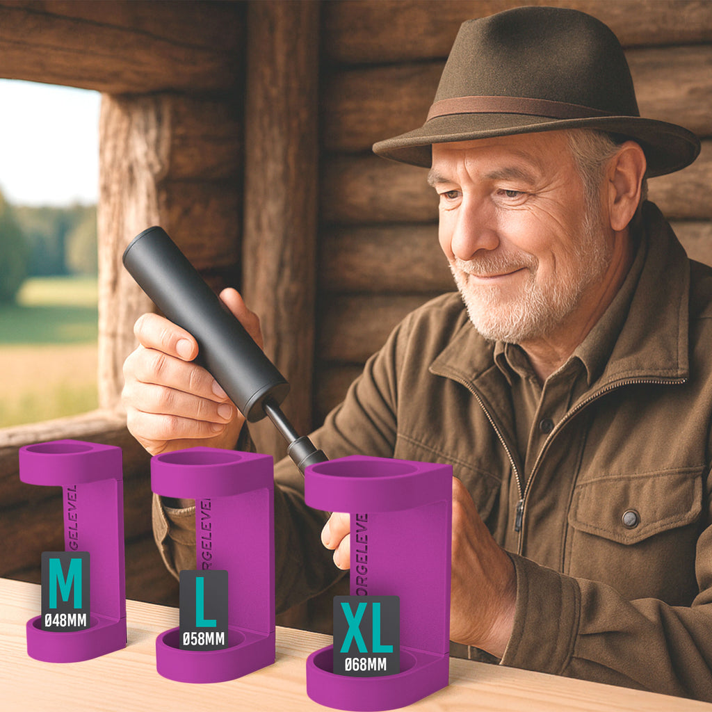 Drei pinke, unterschiedlich große Schalldämpferhalter mit den Größen M, L und XL und den Maßen 48 mm, 58 mm und 68 mm nebeneinander auf einem Holztisch.