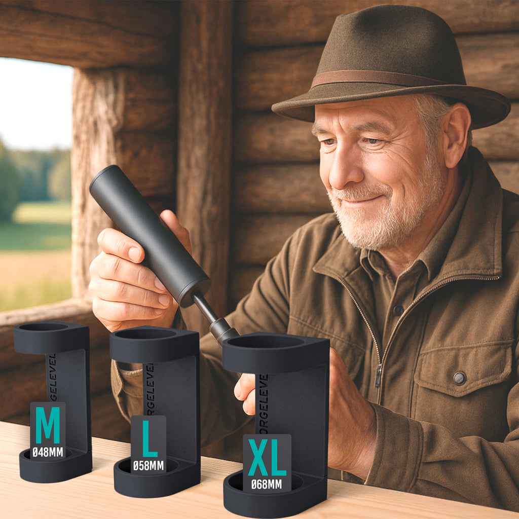 Drei schwarze, unterschiedlich große Schalldämpferhalter mit den Größen M, L und XL und den Maßen 48 mm, 58 mm und 68 mm nebeneinander auf einem Holztisch.