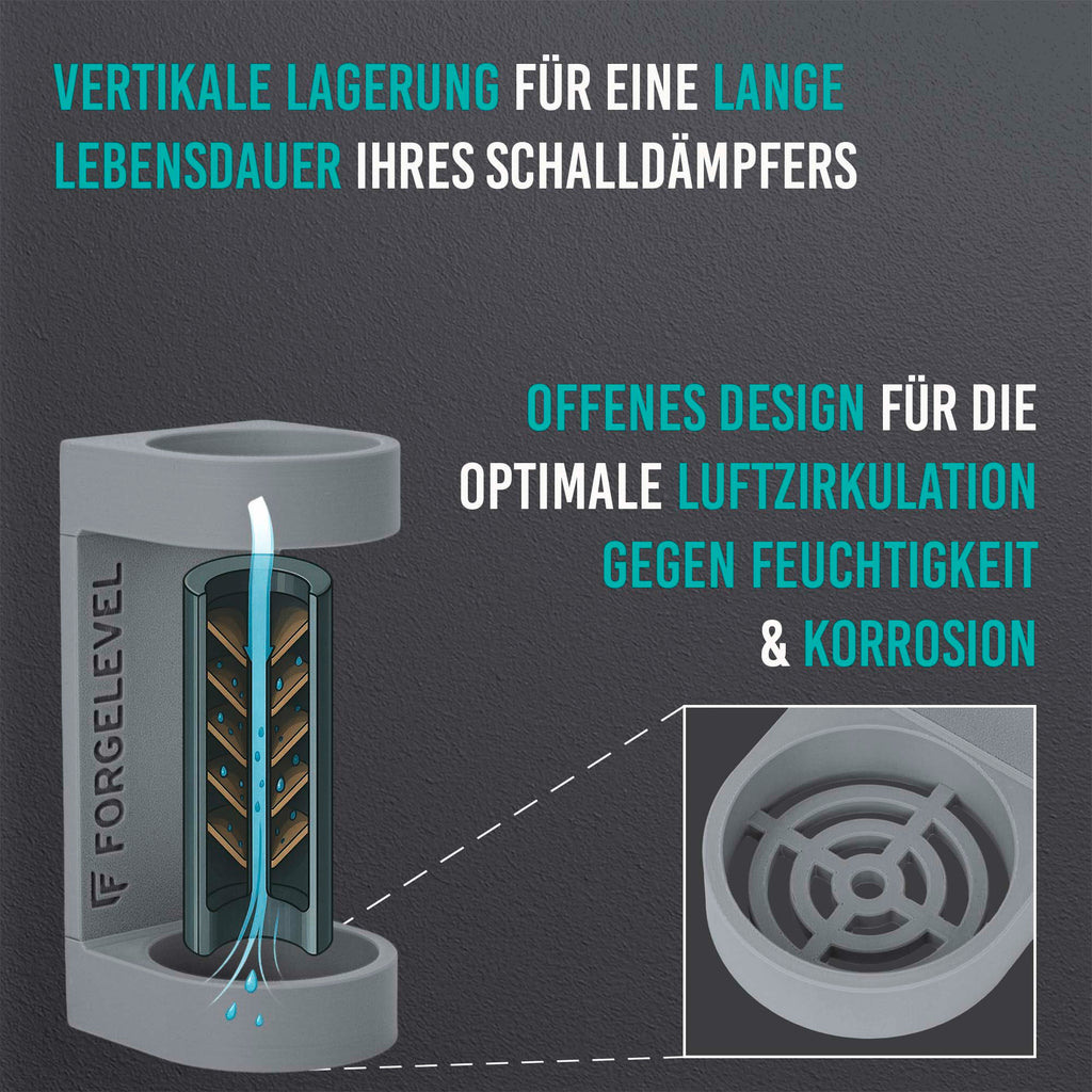 Schwarz-weiße Linienzeichnung eines zylindrischen Schalldämpfers in grau mit vertikaler Luftzirkulation und Detailansicht des offenen Designs zur Feuchtigkeits- und Korrosionsvermeidung