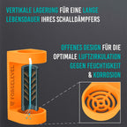 Schwarz-weiße Linienzeichnung eines zylindrischen Schalldämpfers in neonorange mit vertikaler Luftzirkulation und Detailansicht des offenen Designs zur Feuchtigkeits- und Korrosionsvermeidung