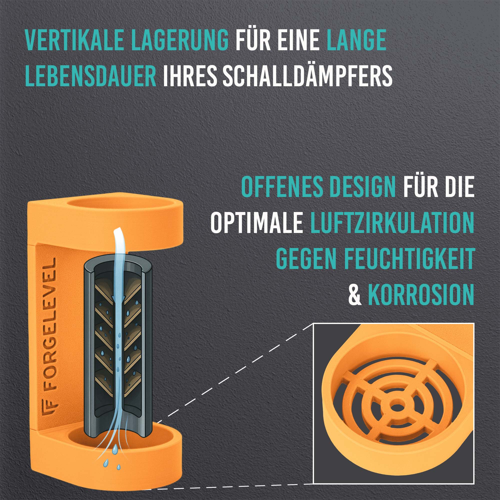 Schwarz-weiße Linienzeichnung eines zylindrischen Schalldämpfers in neonorange mit vertikaler Luftzirkulation und Detailansicht des offenen Designs zur Feuchtigkeits- und Korrosionsvermeidung