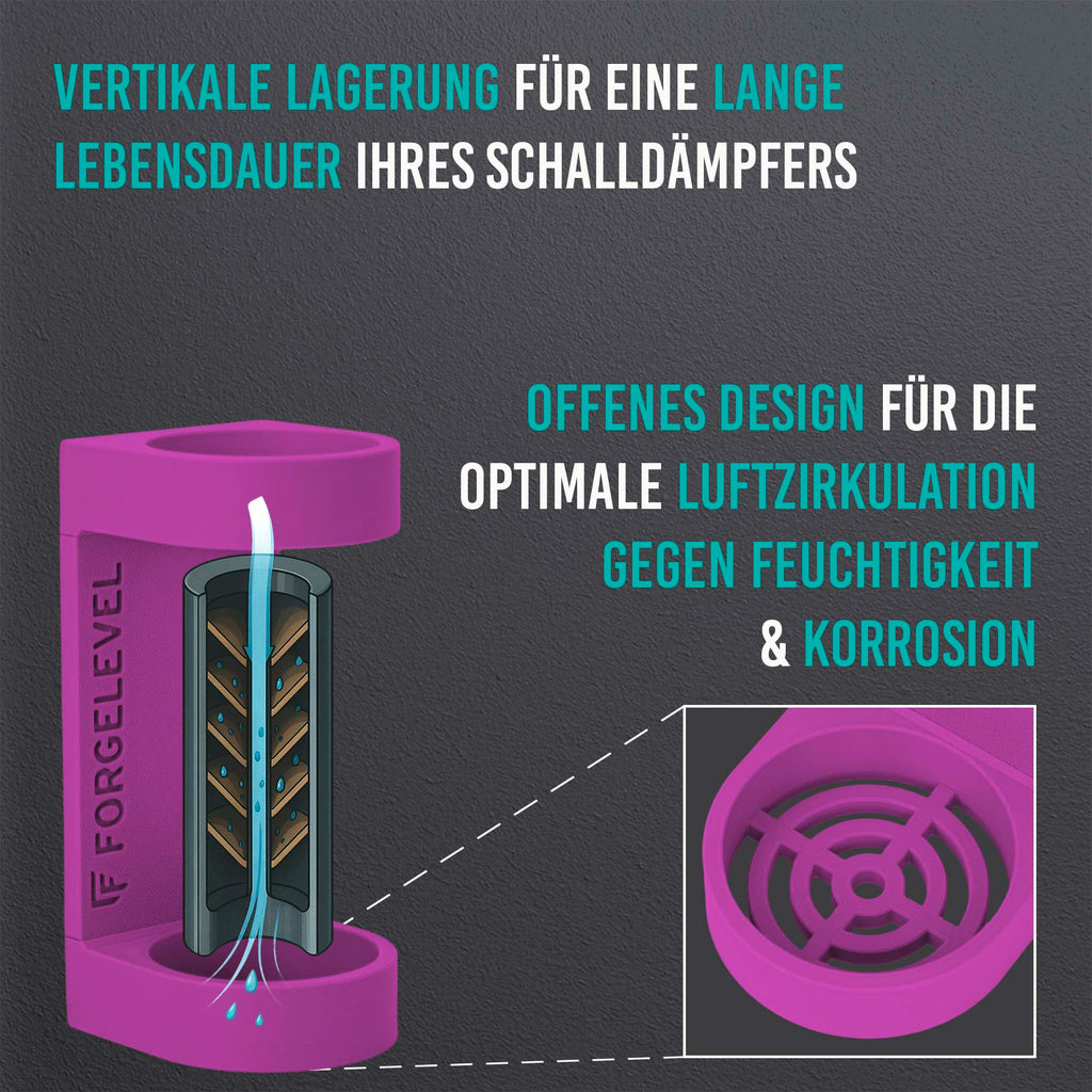 Schwarz-weiße Linienzeichnung eines zylindrischen Schalldämpfers in neonpink mit vertikaler Luftzirkulation und Detailansicht des offenen Designs zur Feuchtigkeits- und Korrosionsvermeidung