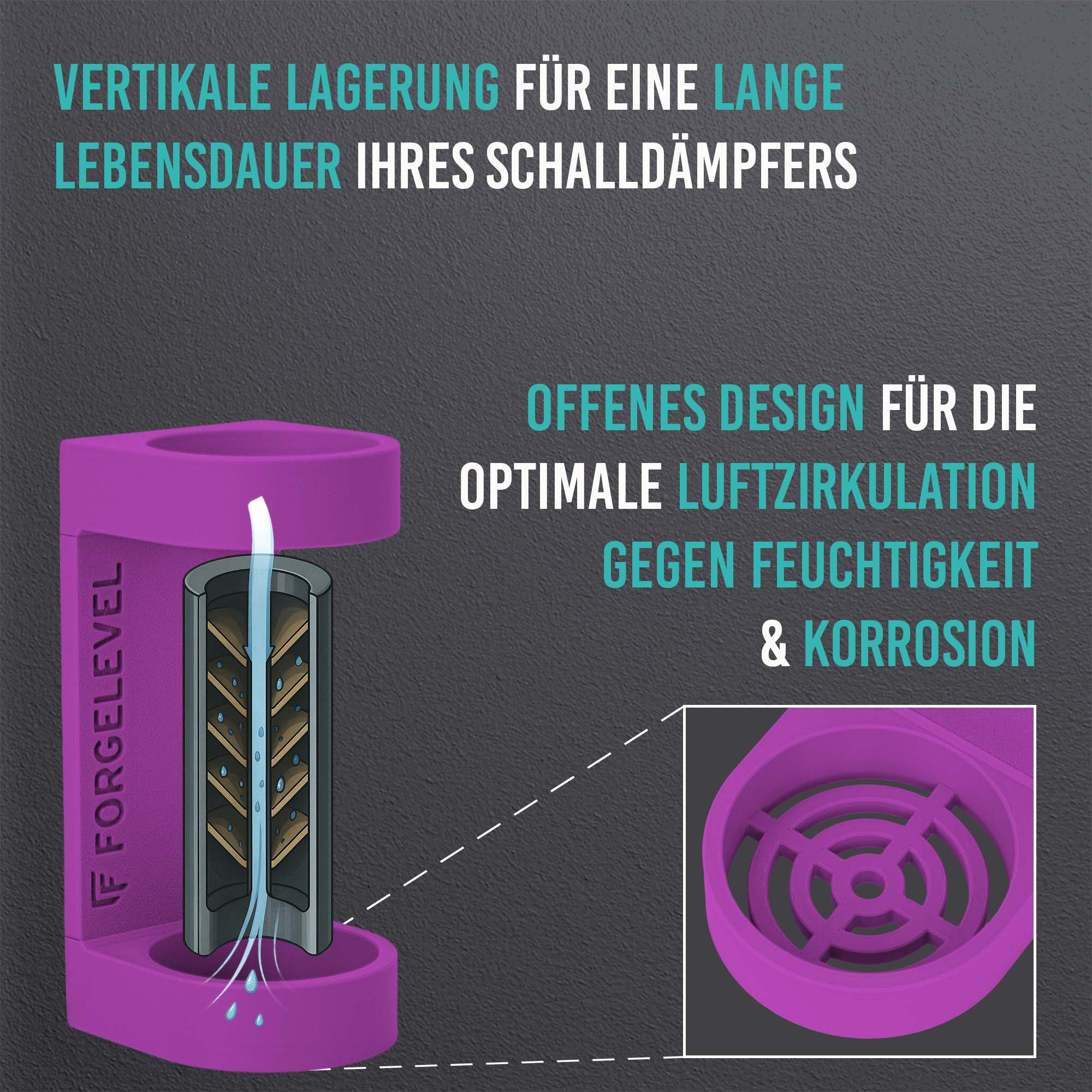 Schwarz-weiße Linienzeichnung eines zylindrischen Schalldämpfers in neonpink mit vertikaler Luftzirkulation und Detailansicht des offenen Designs zur Feuchtigkeits- und Korrosionsvermeidung