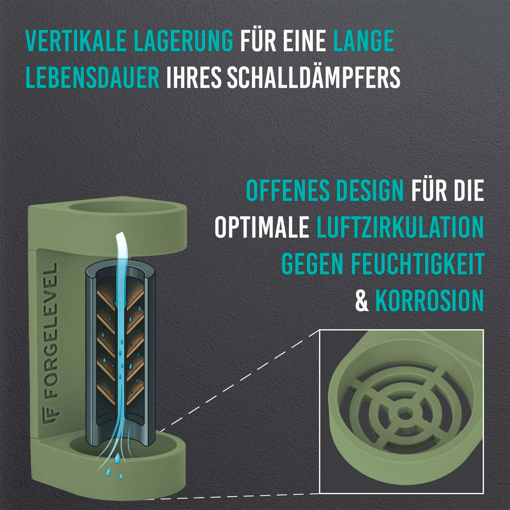 Schwarz-weiße Linienzeichnung eines zylindrischen Schalldämpfers in olive mit vertikaler Luftzirkulation und Detailansicht des offenen Designs zur Feuchtigkeits- und Korrosionsvermeidung