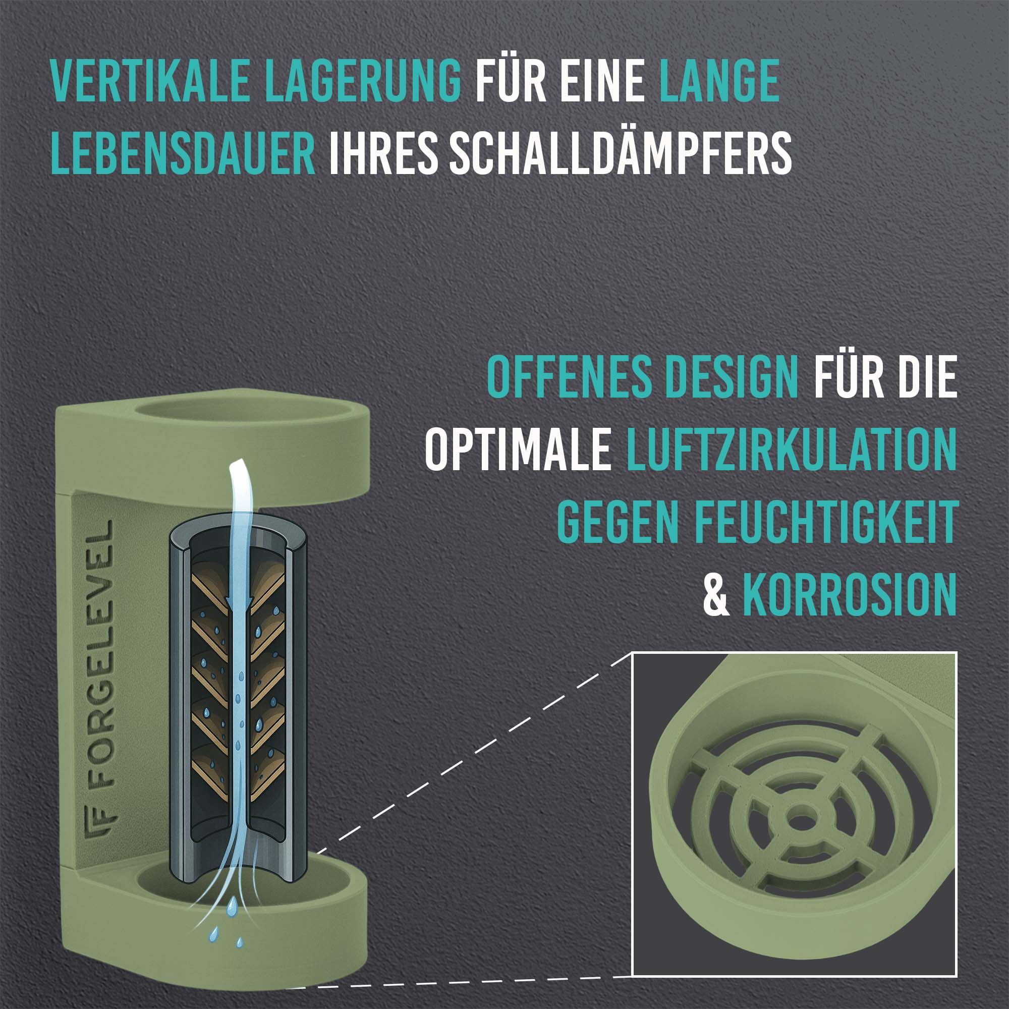 Schwarz-weiße Linienzeichnung eines zylindrischen Schalldämpfers in olive mit vertikaler Luftzirkulation und Detailansicht des offenen Designs zur Feuchtigkeits- und Korrosionsvermeidung