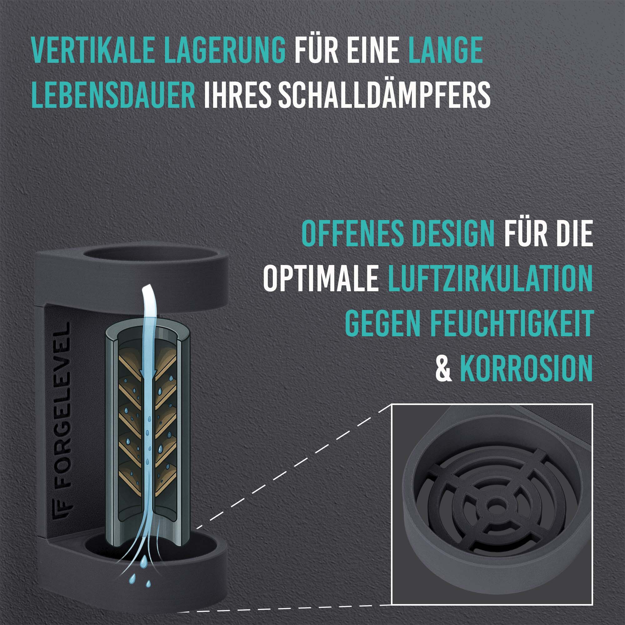 Schwarz-weiße Linienzeichnung eines zylindrischen Schalldämpfers mit vertikaler Luftzirkulation und Detailansicht des offenen Designs zur Feuchtigkeits- und Korrosionsvermeidung